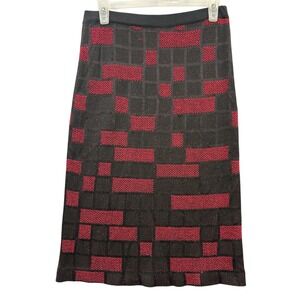 Ming Wang Women's Knit Midi Skirt Black‎ Red Geometric Pattern Textured Size S